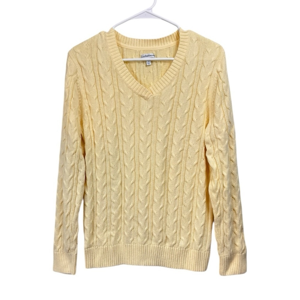 100% Cotton Soft Butter Yellow Cable Knit V Neck Pullover Size Large Preppy